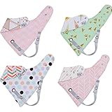 Baby Bandana Drool Bibs for Girls – Leash Attachment for Teething Toys or a Pacifier. Set of 4 Reversible Burpy Bibdanas. Perfect Unique Shower Gift Sets! Newborn and Toddler.