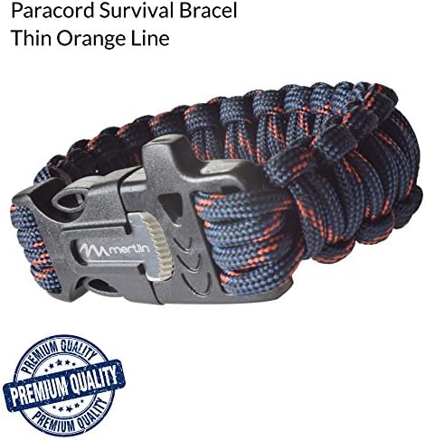 Paracord Survival Bracelet [Camping, Hunting, Fishing], Mertlin Survival Bracelet with Fire Starter, Emergency Whistle and Scraper/Knife, Paracord 550, Basic Survival Gear, Thin Orange Line, Medium