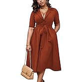 WUSENST Church Dresses for Women Short Sleeve Sexy V Neck A-Line Swing Button Down Midi Dress with Pockets