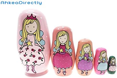 AhkeaDirectly Lovely Pink Angel Princess Handmade Matryoshka Wishing Dolls Mother's Day Gifts Russian Nesting Dolls Set 5 Pieces Wooden Kids Gifts Toy