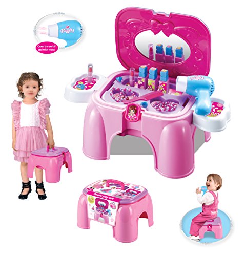 Next Milestones Girls Vanity Makeup and Stool Seat with Jewelry Toy Set, Hair Dryer with Sound, Hair Brush, Necklace, Lipstick, Nail Polish, Mirror and more