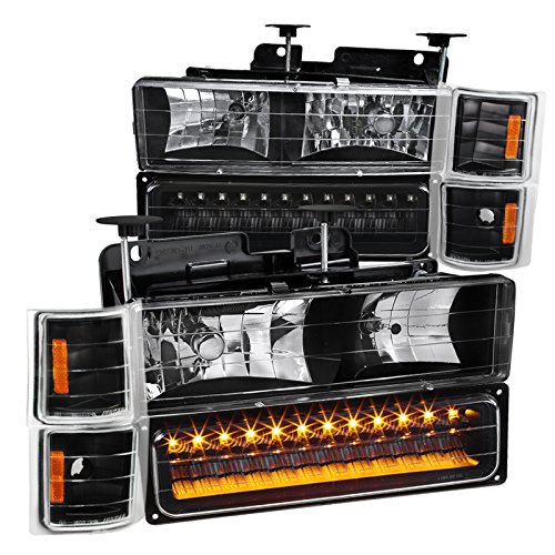 Spec-D Tuning Black Headlights + LED Bumper Lamps + Corner Lights Compatible with 1994-1998 Chevy Chevrolet C/K Tahoe Suburban Left + Right Pair Headlight Assembly