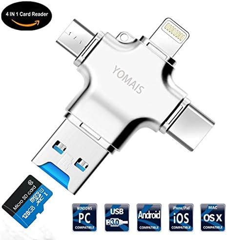 4 in 1 Card Reader, YOMAIS Micro SD Card Reader with Type C USB Lightning Connector Micro USB HUB Adapter, TF Flash Memory Card Readers For iPhone, iPad, Mac, PC, Android USB 3.0 (Silver)