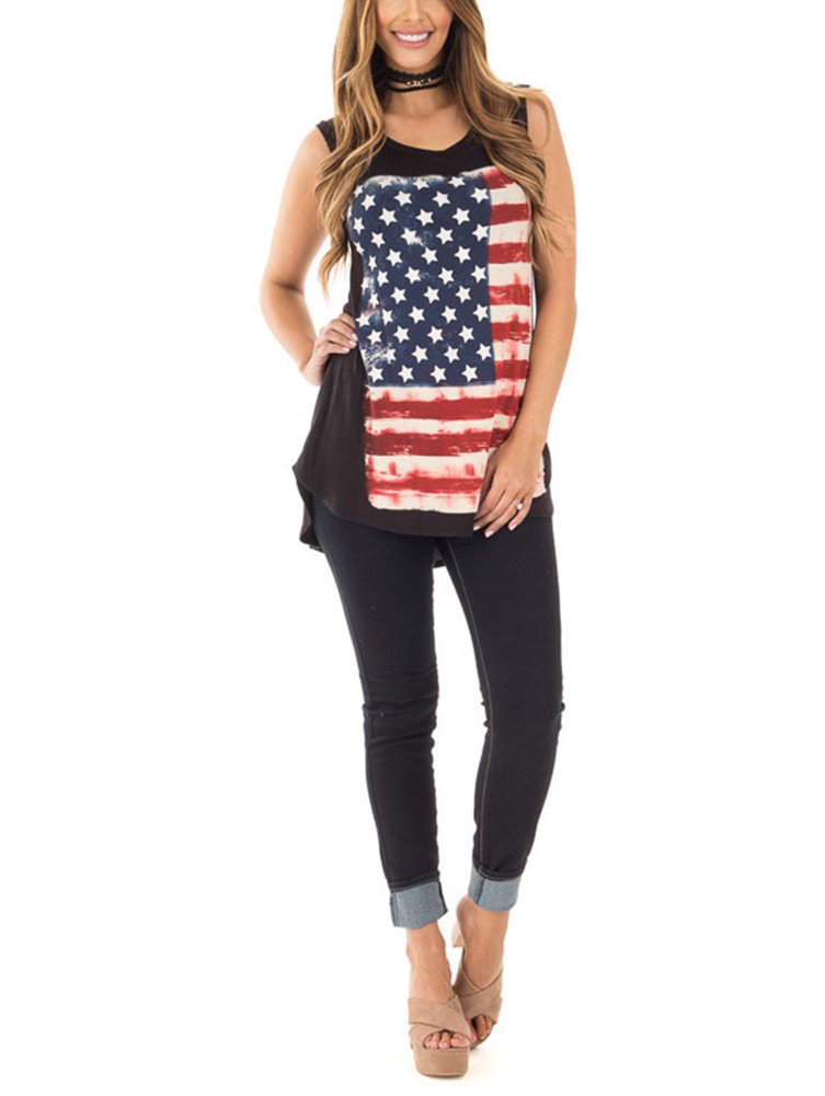 Mycherish Women Striped Tshirt American Flag Printed Sleeveless Tee Tank Tops Large