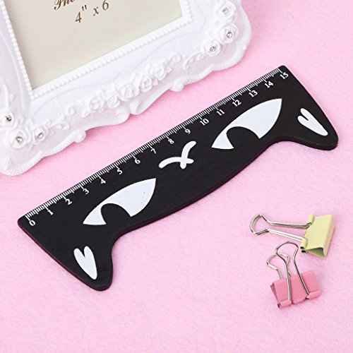Qupida Kawaii Cute Cartoon Cat Wood Straight Ruler Measuring Tool Student Gift Office (Black)