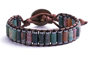 KSQS Healing Stone Chakra Wrap Bracelet for Women, Hematite Energy Bead Protection Bracelet for Anxiety and Stress, Jasper Leather Cuff Bracelet