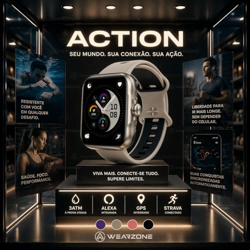 Smartwatch Action com GPS Integrado, Alexa, Tela AMOLED, Strava, Resistência 3ATM, Fitness e Notificações Inteligentes Pulseira Respirável(Prata)