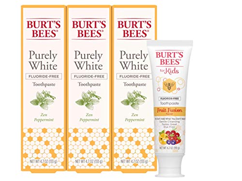 Burt's Bees Toothpaste, Natural Flavor, Fluoride Free Purely White, Zen Peppermint, 4.7oz 3 Count and Kids Toothpaste, Fluoride Free, Fruit Fusion, 4.2 Ounce
