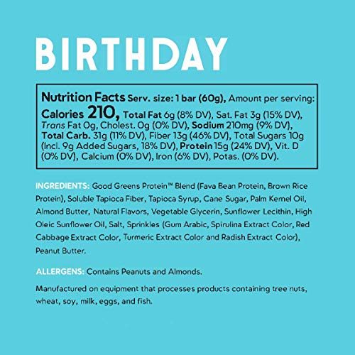 good! Snacks Vegan Birthday Cake Protein Bar | Gluten-Free, Plant Based, Low Sugar, Kosher, Soy Free, Non GMO | 15g Protein (6 Bars)