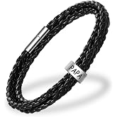 Novgarden Custom Mens Bracelets with 1-8 Engraved Beads, Dad Gifts for Fathers Day, Leather Braid Bracelet with Kids Names Personalized Men's ID Bracelet Gifts for Grandpa Husband Boyfriend