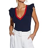 BONITEE Women Summer Ruffle Tops Sexy Deep V Neck Short Sleeve Shirts Trendy Casual Ribbed Slim Fitted Knit Tees Blouse