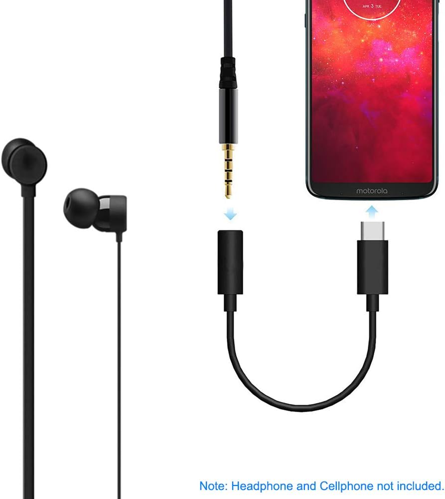 Only Works with Moto Z3, Moto Z3 Play, Moto Z2 Play, Moto Z2 Force Edition, Z Force Droid, USB Type-C to 3.5mm Headphone Adapter USB C Headphone Jack Connector Audio Cable Extension (Black)