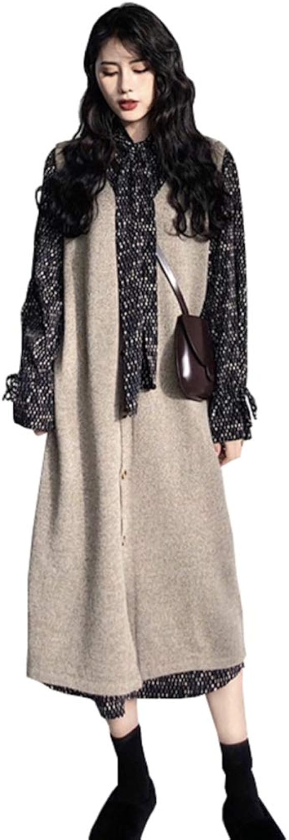 Amazon ニットワンピース レディース S Xl ロングワンピース 膝丈 シャツワンピース ニットベスト セットアップ 長袖 セーター 秋冬 ゆったり 着痩せ お洒落 オフィス 通勤 通学 ロングベスト トップス Vネック ノースリーブ ワンピース チュニック 通販