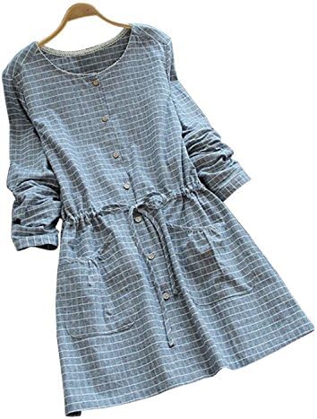 XuanYing Women's Drawstring Round Neck Checked Button Up Dress (Blue)