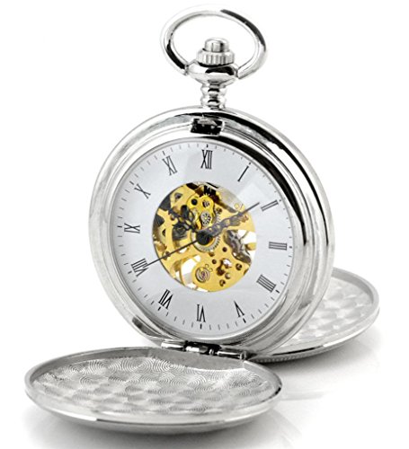 Infinite U Simple Hollow Skeleton Steel Twin-Lids Mechanical Movement Pocket Watch (Enalbe to be Engraved)