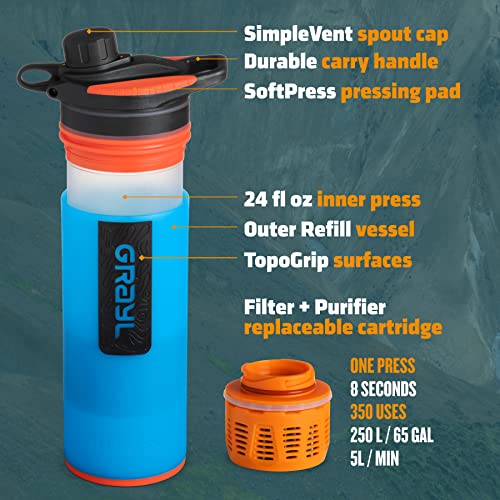 GRAYL GeoPress Botella purificadora de agua de 24 onzas, filtro para senderismo, camping, supervivencia, viajes (azul balí)