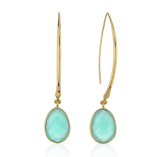 18K Gold-Plated Rims Long Drop Blue Synthetic Chalcedony Gemstones Dangle Earrings