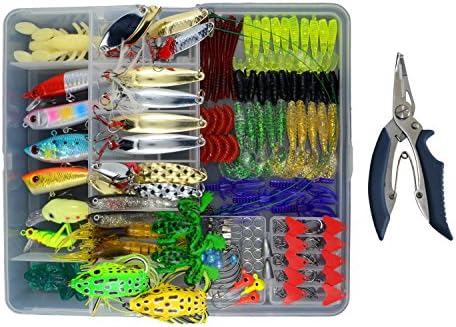 AGadget Artificial Fishing Lure Kit with Pliers Hard Plastic Lures Minnow Crankbait Popper VIB Soft Lures Shrimp Worm Treble Hook Accessories 205PCS/Box