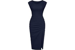 IHOT 2025 Women's Mock Neck Side Slit Ruched Bodycon Cocktail Party Wedding Guest Midi Dress