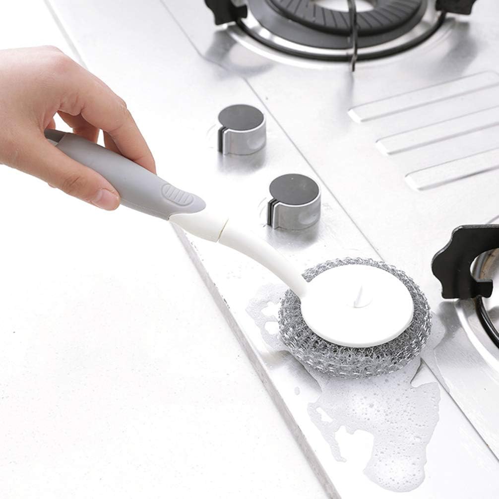 Hemoton Wire Dish Brush Stainless Steel Scourer Scrub Pad with Long Handle Cleaning Brush Stainless Steel Wire Scrubbers for Scouring Cleaning Steel Wire Balls 2PCS - Image 4