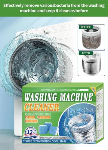 Uniiking® Washing Machine Cleaner Descaler 12 Pack - Deep Cleaning Tablets for HE Front Loader & Top Load Washer, Septic Safe Eco-Friendly Deodorizer, Clean Inside Drum and Laundry Tub Seal