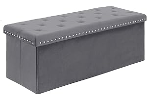 B FSOBEIIALEO Storage Ottoman Bench, Folding Tufted Ottomans with Storage, Extra Large 140L Toy Chest Storage Boxes Footrest Bench for Bedroom, Luxury Velvet Fabric 43 Inches Grey