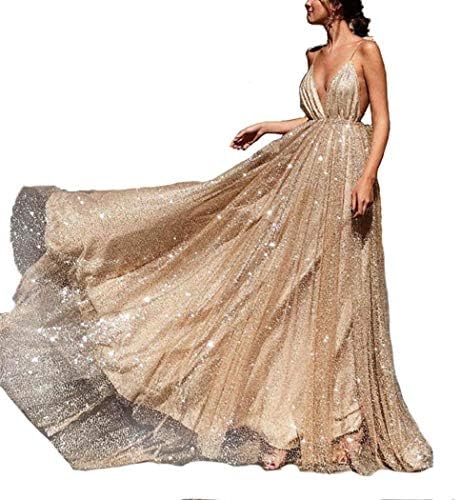Tinffy Women Formal Sleeveless V Neck Sequins Long Dress Evening Cocktail Gowns Dresses