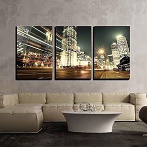 3 Piece Canvas Wall Art - Shanghai Lujiazui Finance and Trade Zone of The Modern City Night Background - Modern Home Art Stretched and Framed Ready to Hang - 16"x24"x3 Panels