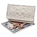 b.m.c BMC Womens Over Sized Creamy Beige Perforated Cut Out Pattern Gold Accent Background Foldover Pouch Fashion Clutch Handbag