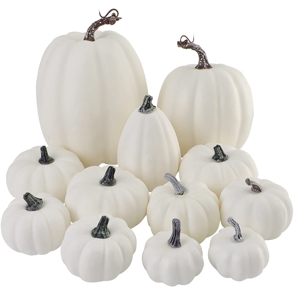 Ywlake Package of 12 Pcs Assorted Sizes Autumn Artificial White Pumpkins Large Faux Harvest Pumpkins for Autumn Thanksgiving Halloween Seasonal Holiday Decor Decoration