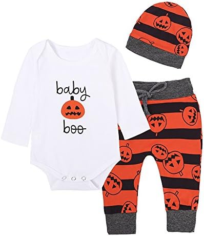 LLIOFUS Girls Boys 3PCS Newborn Infant Baby Pumpkin Halloween Romper Outfits Set