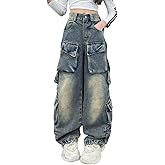AOWKULAE Girls Jeans Cargo Pants Baggy Wide Leg High Elastic Waistband Kids Straight Denim Pant with Pockets 5-14Y