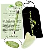 Real Natural Jade Stone Facial Skin Massager Roller Tool Set with Authentic Jade Wand and Gau Sha Tool, Best Therapy Zen Massage Rollers for Face Depuffing Derma Pores, Reduces Wrinkles by Pursito