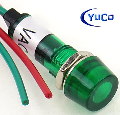 Yuco YC-9WRT-1G-24-10 Mini Indicator Light 9mm Cylindrical Cap Wire-Base Ring + Nut AC/DC Pack of 10 (Green, 24V)