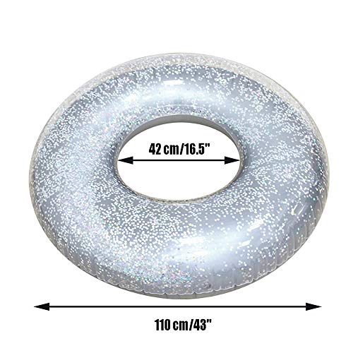 Aegilmc Glitter Swimming Ring Lifebuoy Pool Rafts, Round Inflatable PVC Floats, Summer Outdoor Water Toys Lounger for Beach Camping Music Festival Lake River,Silver