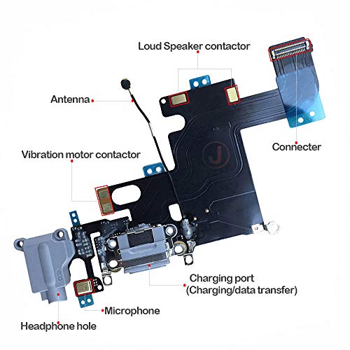 Johncase Charging Port Dock Connector Flex Cable w/Microphone + Headphone Audio Jack Port Ribbon Replacement Part Compatible iPhone 6 4.7" All Carriers (Black/Space Gray)