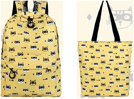 Cute Waterproof Polyester Women Backpack Glasses Cat Pattern Printing Girls College Latop Bookbags Yellow set 14 Inches