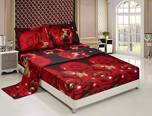 Bednlinens Luxury 4 Piece Sheet Set 3d Rose and Rings Print Queen Size Maroon (ROSERING-Y02)