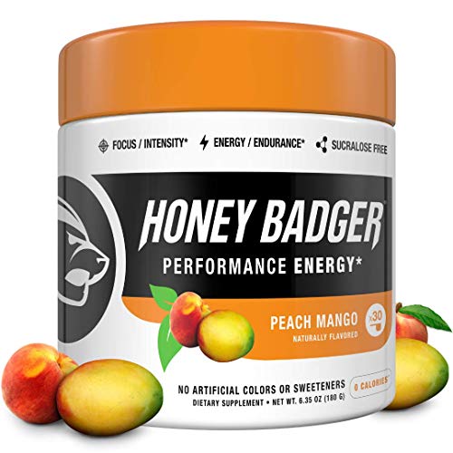 Honey Badger Vegan Keto Pre Workout | Peach Mango | Natural Paleo Sugar Free Plant-Based Energy Supplement Nootropics Amino Acids Nitric Oxide Sucralose Free + Non-Habit Forming | 30 Servings (Best Pre Workout Without Beta Alanine)