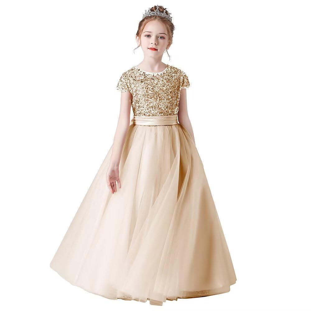 Photo 1 of Flower Girls Dresses Champagne Formal Floor Length Princess Tulle Birthday Party Special Occasion Dress Juniors Kids Girl Champagne 12