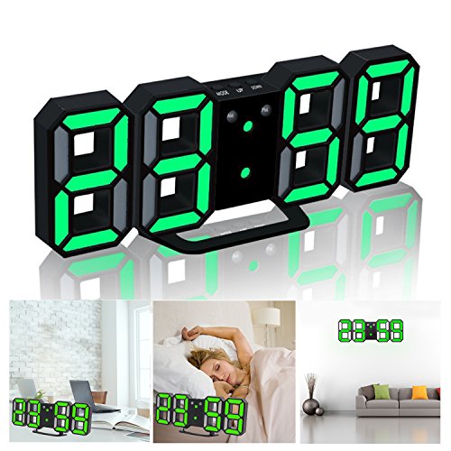 LED Digital Electronic Alarm Clock, Modern Multi-Functional Desk / Shelf Wall Clock with Dimmable Nightlight, Snooze, Auto Memory, 24/12 Hour Display (Black Frame, Green Light)