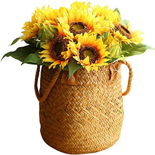 Old Tjikko Artificial 10 Heads Sunflower,Sunflower Decor Bouquet Floral Garden Artificial Sunflower for Home Decor and Wedding Decorations (No Basket Included) (Yellow Sunflowers)
