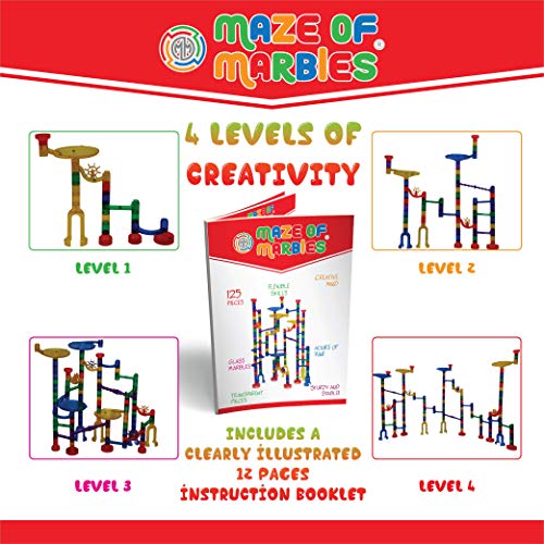 Maze of Marbles 125-Piece Marble Run Toy Set - Educational Building Block Play Track Game - STEM Construction Learning Toys for Kids 4 5 6 Years Old + 25 Glass Marble Balls with Storage Box Container - Thumbnail 2