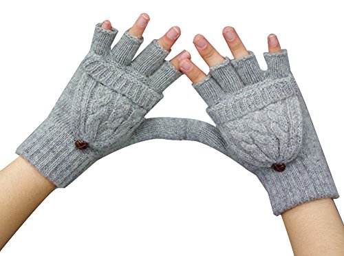 Eforstore Girl Women s Fingerless Gloves Winter Warm Half Finger Flip Knitted Mittens with Flap Best Xmas Gift (Grey)