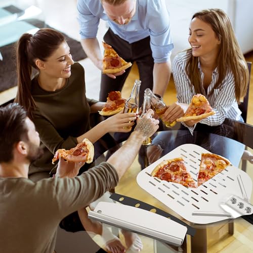 4 Piece Pizza Set - Perforated Pizza Peels 30 cm + 9 Inch Round Aluminium Pizza Peel + Professional Pizza Cutter + Cleaning Brush for Pizza Oven Made of Palm Fibre Bristles