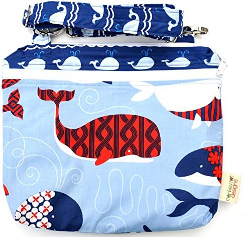 TOP RATED Monkey Foot Designs MEDIUM Wet/ Dry DOUBLE POCKET with Adjustable Strap: 12" x 9" x 2" Diapers / Gym / Swim (True Blue Whales)