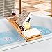 LANGRIA Bamboo Wood Bathtub Caddy Tray with Extending Sides Mug/Wineglass/Smartphone Holder, Metal Frame Book/Pad/Tablet Holder with Waterproof Cloth Detachable Sliding Tray Non-Slip Rubber Base