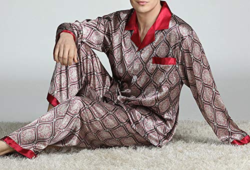 YIMANIE Mens Silk Satin Pattern Pajamas Set Classic Sleepwear Loungewear Long Sleeve Nightwear Set Sleep Shirt & Sleep Pant