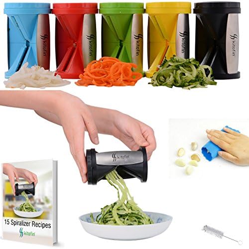 Kitofin Vegetable Spiral Slicer Spiralizer - Carrot Cucumber Zucchini Pasta Noodles Spaghetti Maker - Vegetable Peeler Cutter - Includes Garlic Peeler - Cleaning Brush - Recipes E-book.