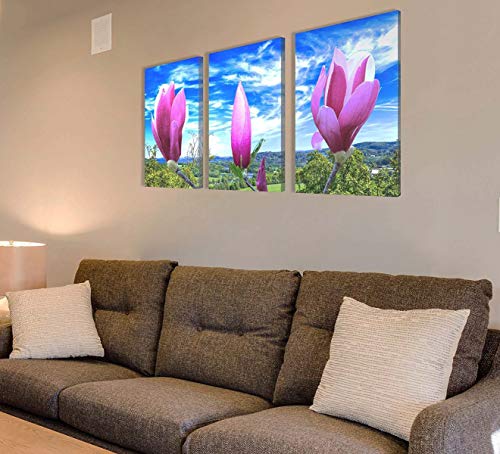 Wall Art Canvas Painting Purple Magnolia Flowers on The Branch Print Picture Modern Home Decor Painting for Living Room（12x16inch x3pcs）